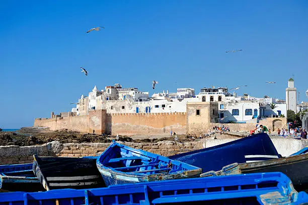 Fishing boats and city wall of old city(Medina) of Essaouira, Morocco