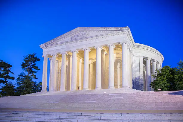 The east side of the Jefferson Memorial in the early morning under a clear blue sky.