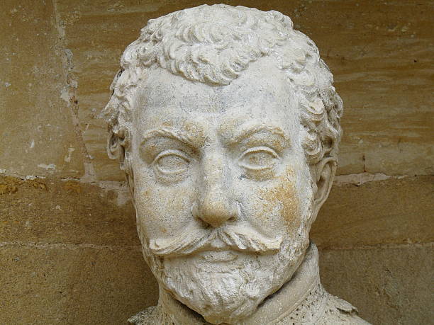 One of the carved busts in the Temple of British Worthies at Stowe, Buckinghamshire, England. The Temple of British Worthies was designed by William Kent in 1734 and the bust of Francis Drake was carved by Peter Scheemakers (b 1691 to d 1781)