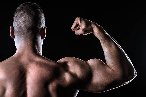 istock strong athlete showing biceps back view isolated over black 501737600