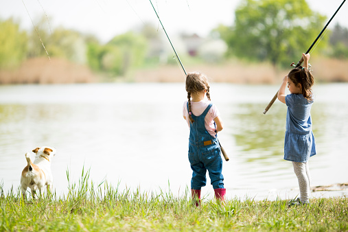 Side view of a young girl standing in the shallow water of a lake as she tries to catch a fish.