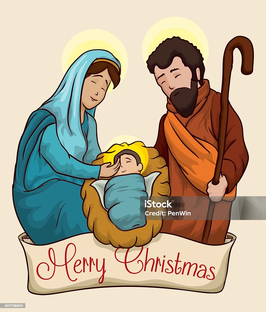Colorful Christmas Nativity Scene of Baby Jesus. Nativity scene of baby Jesus in the manger with Joseph and Mary. Joseph - Husband of Mary stock vector