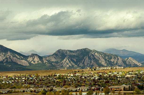 Broomfield, Colorado and the Flatiron Mountain Range stock photo