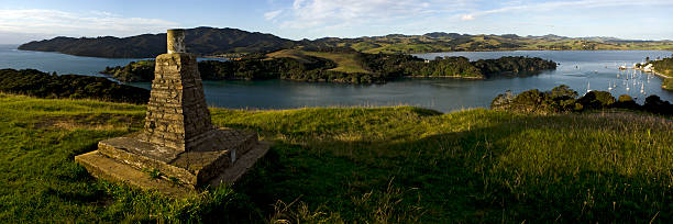 Panoramic View of Mangonui, New Zealand Panoramic Photo from Mangonui Pa looking down to Mangonui harbour in Northland, New Zealand. northland new zealand stock pictures, royalty-free photos & images