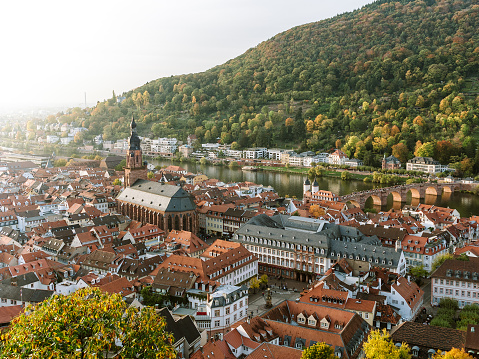 Areal image of Heidelberg in autumn seen from the balcony of Heidelberg Castle