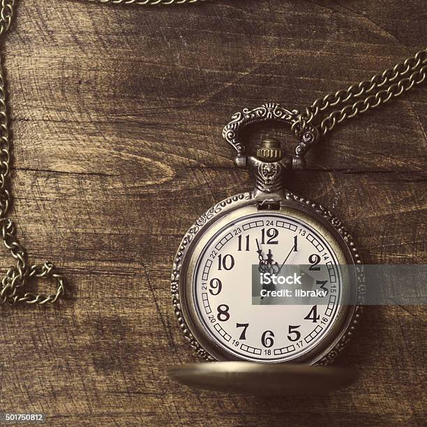 Photo Of Old Vintage Pocket Watch On Rustic Wood Stock Photo - Download Image Now - 1950-1959, 2015, Abstract