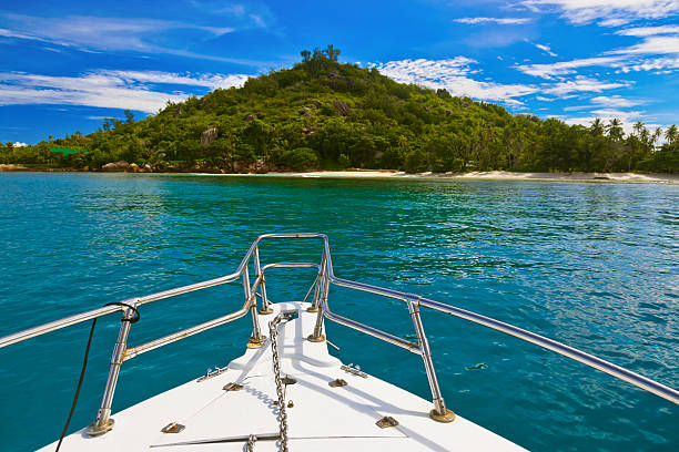 istock Tropical island and boat on Seychelles 501764164