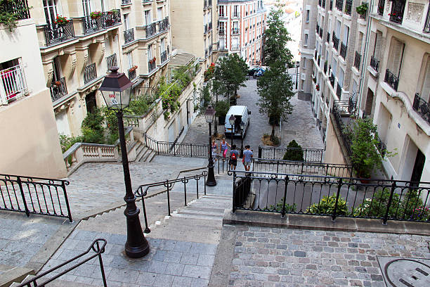 Paris, France - July 23, 2015: Tourists down a steep staircase in Montmartre. Situated on the tallest hill in Paris, the area boasts some picturesque streetscenes.