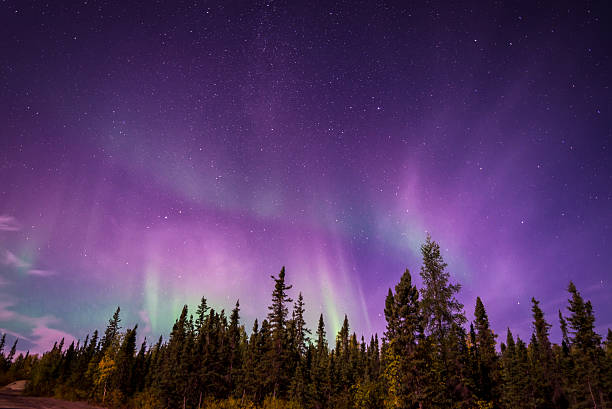 aurura boreal más yellowknife, nt - sky pink photography lake fotografías e imágenes de stock