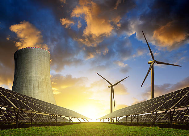 concepto de energía - nuclear energy nuclear power station wind turbine energy fotografías e imágenes de stock
