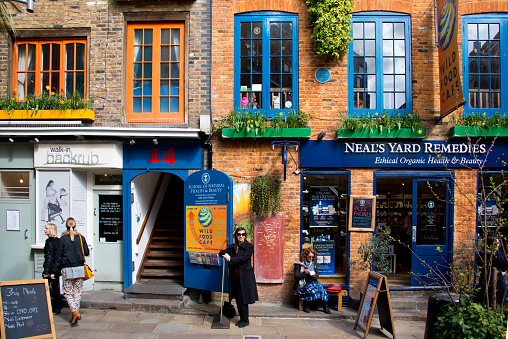 London, UK - March 27, 2015: The colourful and vibrant Neal's Yard located in Covent Garden between Shorts Gardens and Monmouth Street in London.