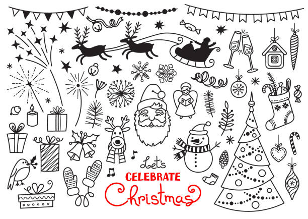 ilustraciones, imágenes clip art, dibujos animados e iconos de stock de doodle conjunto de personajes de navidad y decoraciones. vector dibujos a mano alzada - vector holly christmas art
