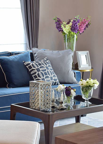 istock Romantic candle set with blue sofa in living room 501767972