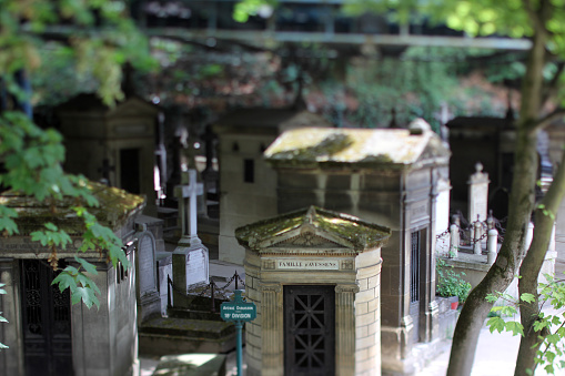 Paris, France - July 23, 2015: The densely populately Montmartre Cemetery, home of many famous personages from French history.