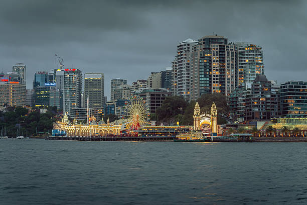 Sydney, Australia - November 7, 2015: Night view of Luna Park with office buildings in background. Long exposure settings