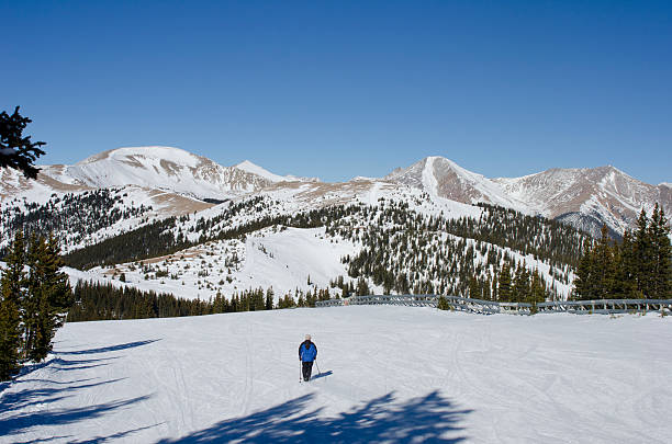 A lone skier enjoys an empty ski run on top of Monarch Mountain.