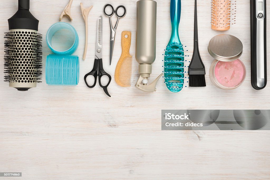 Professionelle Friseur-tools und Accessoires mit copyspace an der Unterseite - Lizenzfrei Werkzeug Stock-Foto