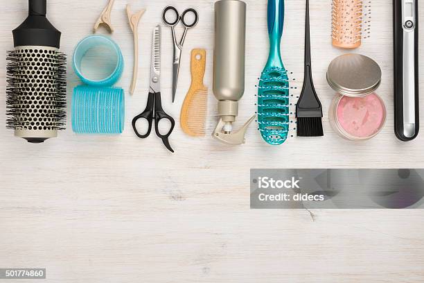 Professional Hairdressing Tools And Accessories With Copyspace At The Bottom Stock Photo - Download Image Now