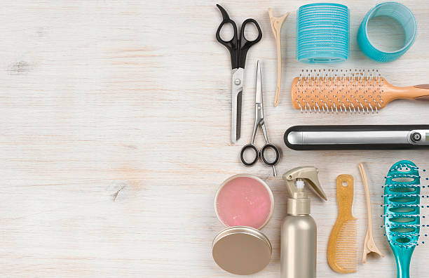 istock Professional hairdressing tools and accessories with left side copy space 501775300