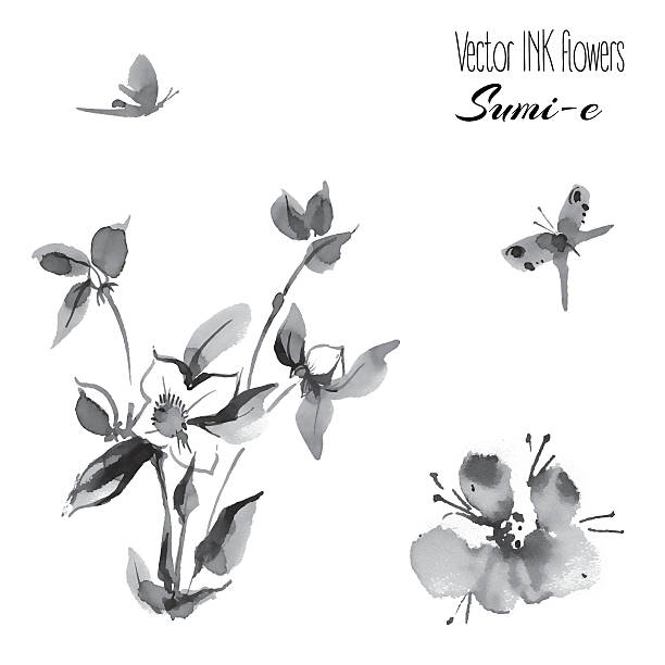 vectro восточный растений и бабочек, roseship, рисованные чернила s - butterfly single flower vector illustration and painting stock illustrations