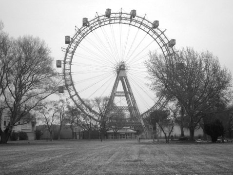 Ferris wheel amusement park black and white Vienna.