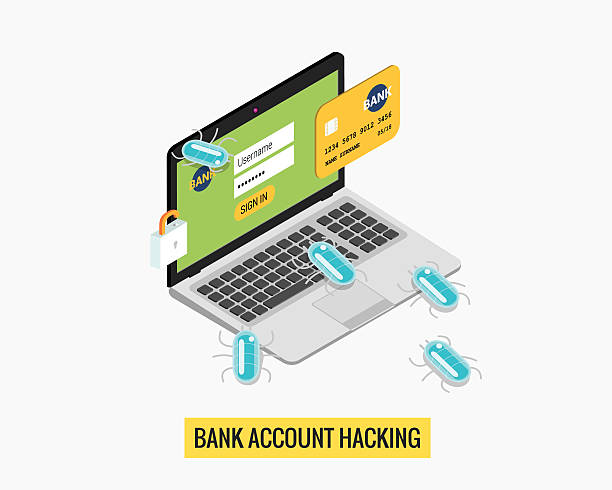 ilustrações, clipart, desenhos animados e ícones de hacker atividade computador e conta bancária - hacked laptop cracked computer bug