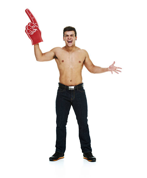 istock Shirtless man cheering & wearing foam finger 501778909