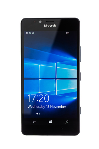 Varna, Bulgaria - December 10, 2015: Cell phone model Microsoft Lumia 950 has 20 MP camera, Microsoft Windows 10 os,,Wireless charging and Iris scanner . Announced 2015, October