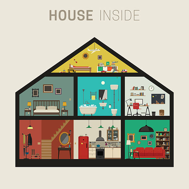 House inside interior. House inside interior. Vector flat house with set of basic rooms. House in cut with furniture. steps illustrations stock illustrations