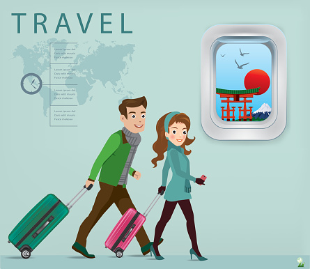 Vector Illustration of a young man and woman with a suitcase. plane window background.
