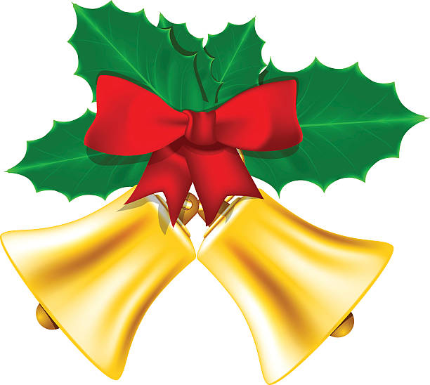 istock Golden Christmas bells with red bow and leaves of holly 501791490