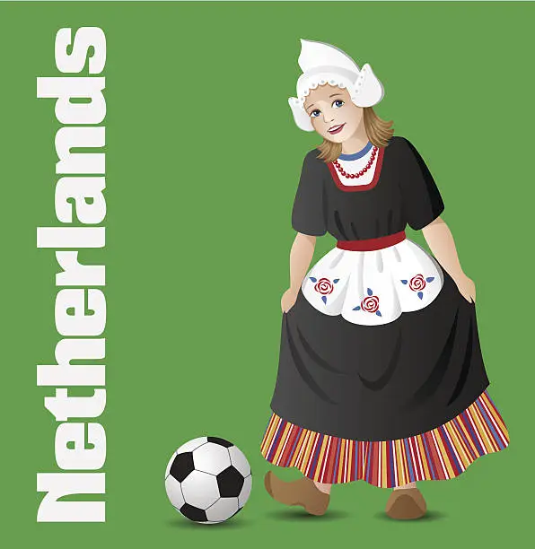 Vector illustration of Dutch girl in national costume with soccer ball