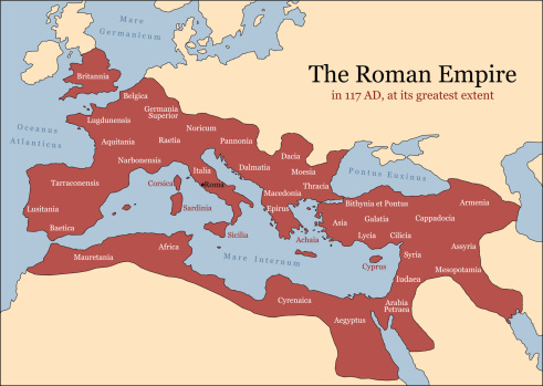 The Roman Empire at its greatest extent in 117 AD at the time of Trajan, plus principal provinces. Vector illustration.