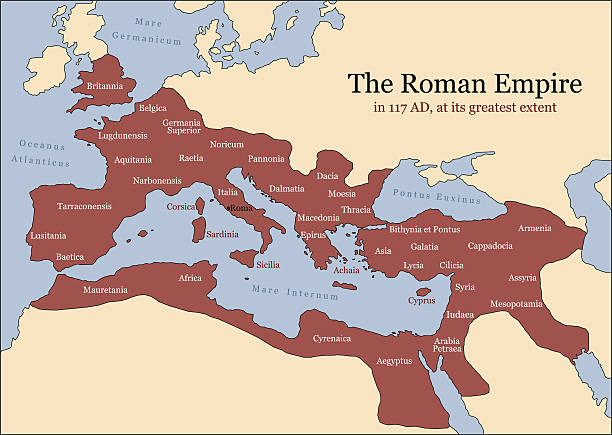 Roman Empire Provinces The Roman Empire at its greatest extent in 117 AD at the time of Trajan, plus principal provinces. Vector illustration. territorial stock illustrations