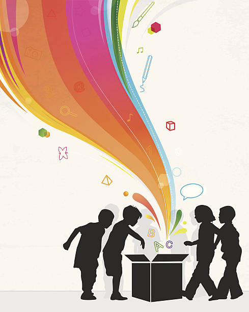 ilustraciones, imágenes clip art, dibujos animados e iconos de stock de caja mágica con siluetas de los niños y rainbow - child silhouette animal copy space