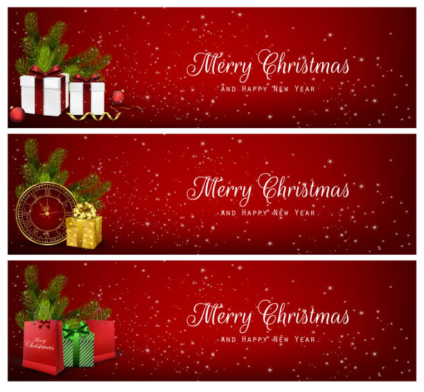 一連のクリスマスバナー、ギフトボックス、バッグ、クロック - greeting red ribbon bow点のイラスト素材／クリップアート素材／マンガ素材／アイコン素材