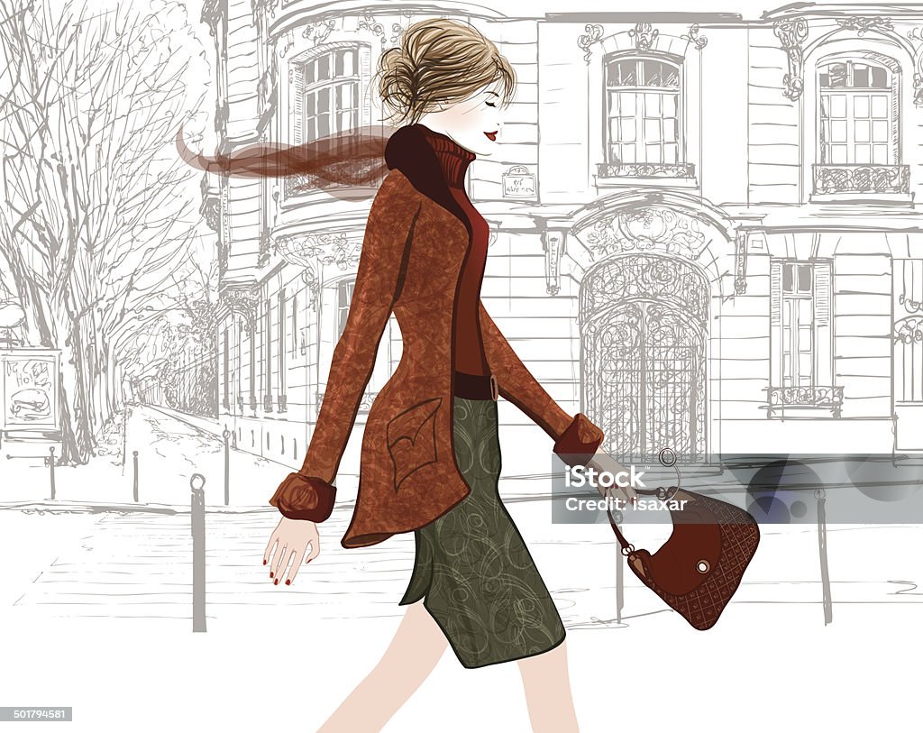 Young woman walking in a street of Paris Young woman walking in a street of Paris - Vector illustration Women stock vector