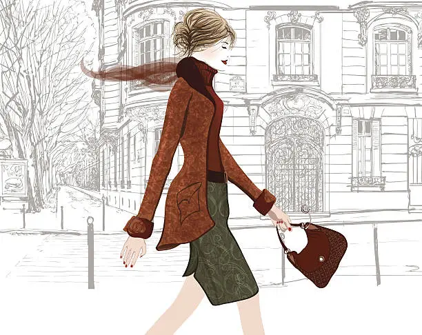 Vector illustration of Young woman walking in a street of Paris