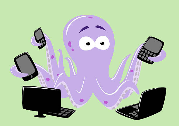 ilustraciones, imágenes clip art, dibujos animados e iconos de stock de confundida pulpo organizar un gran número de dispositivos electrónicos - red octopus