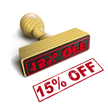 stamp 15% off with red text over white background