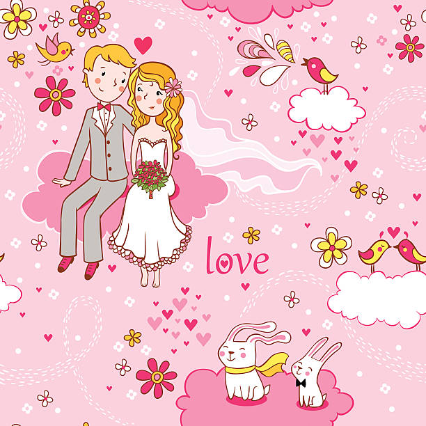 Cartoon Romantic Seamless Pattern In Vector Stock Illustration - Download  Image Now - 2015, Adult, Backgrounds - iStock