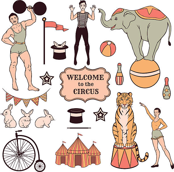 illustrazioni stock, clip art, cartoni animati e icone di tendenza di insieme di vari elementi di circo, le persone, gli animali e decorazioni - women circus acrobat gymnastics