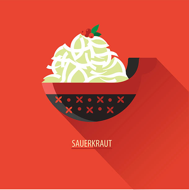 Sauerkraut with cranberries in a painted wooden plate. Icon vector art illustration