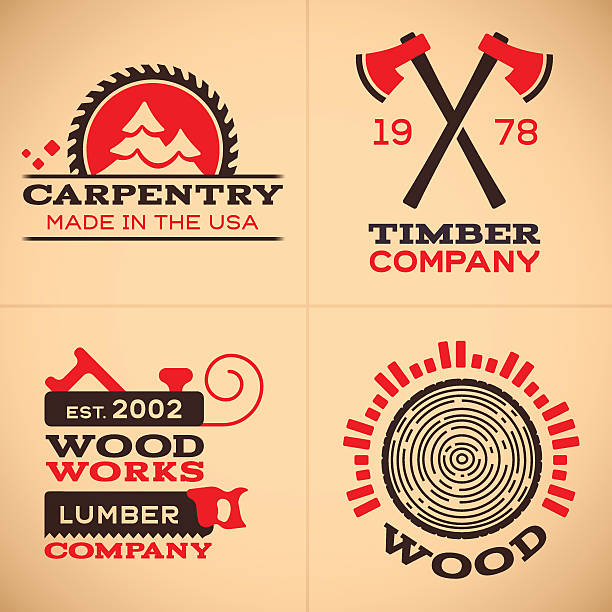 Wood Working and Carpentry Symbols and Icons Wood working, carpentry, timber and lumber company symbols and icon collection. EPS 10 file. Transparency effects used on highlight elements. tree cutting silhouette stock illustrations