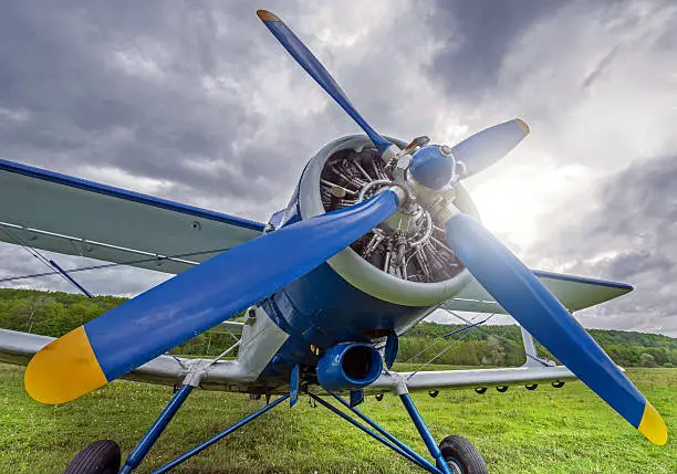 Technical service of the old retro plane before the flight.