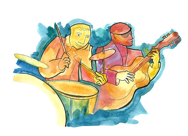 ilustrações, clipart, desenhos animados e ícones de dois músicos de jazz-guitarrista e baterista - guitar musical band popular music concert music