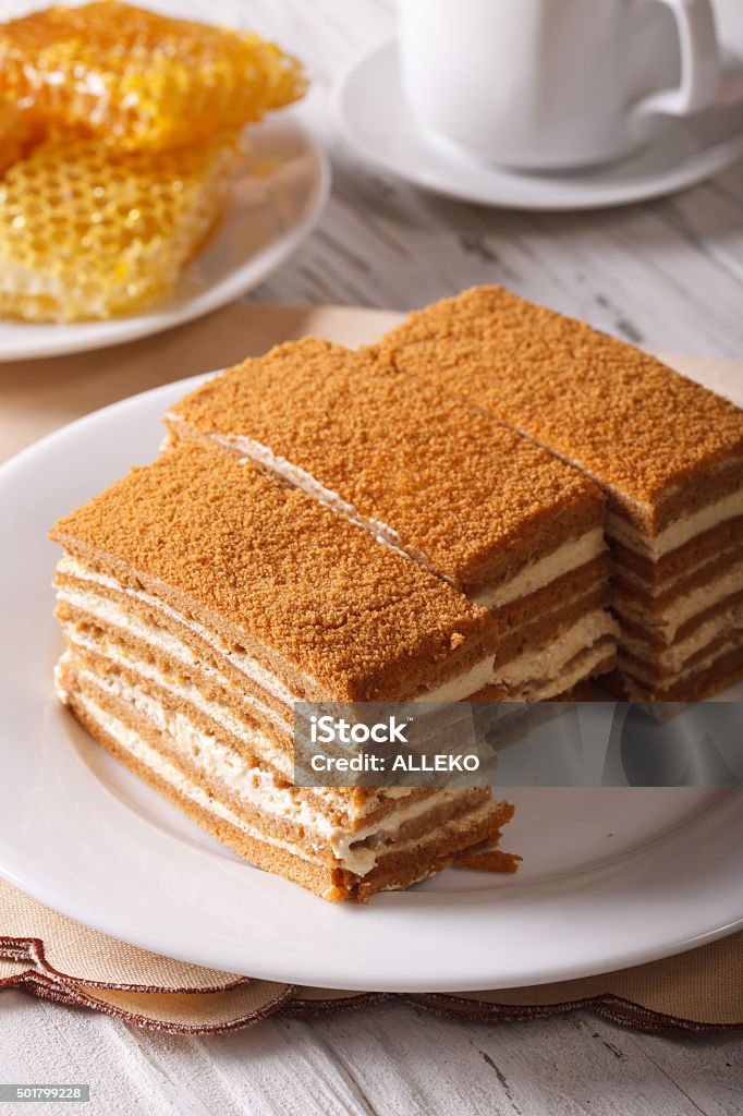 delicious honey cake on a plate close-up and honeycomb. vertical Traditional honey cake on a plate close-up and honeycomb. vertical 2015 Stock Photo