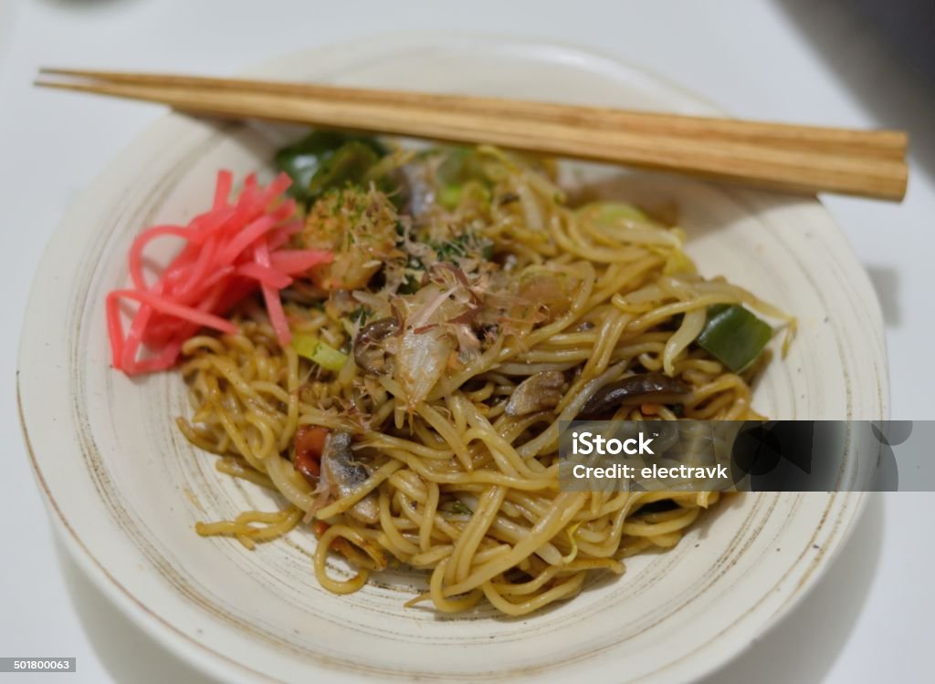 Yakisoba A plate of japanese yakisoba with seafood, vegetables and ginger. Ginger - Spice Stock Photo