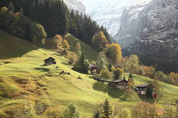 la suisse - snow european alps house grindelwald photos et images de collection