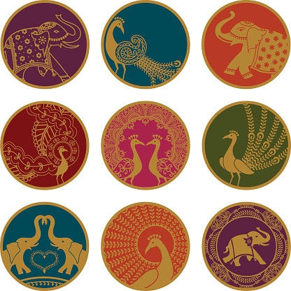 A collection of golden design elements featuring peacocks and elephants! (Includes .jpg)